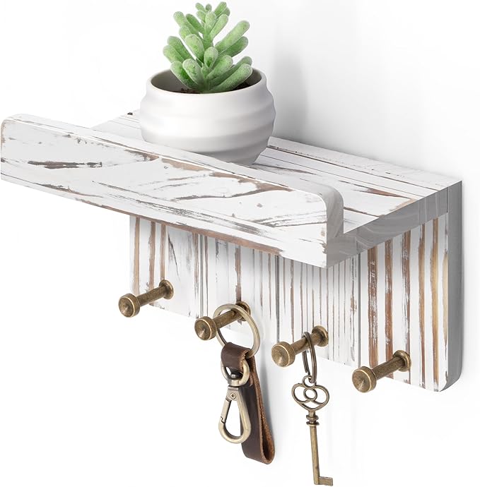 Rebee Vision Farmhouse Key Holder Wall Mount - Decorative Key and Mail Holder for Wall with Small Floating Shelf and 4 Key Ho