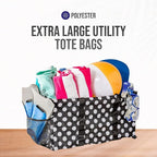 Extra Large Utility Tote Bag - Oversized Collapsible Reusable Wire Frame Rectangular Canvas Basket With Two Exterior Pockets For Beach, Pool, Laundry, Car Trunk, Storage - White Polka Dot