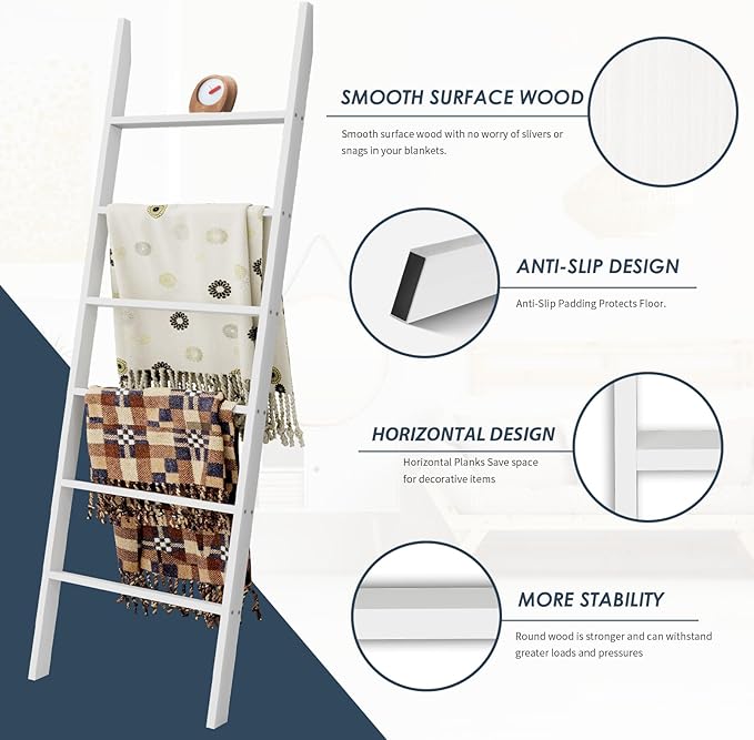Delywh Wood Blanket Ladder, 57.5'' Rustic Towel Quilt Throw Blanket Ladders for The Living Room, Bedroom, Nursery Stand Holde
