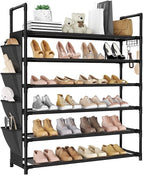 LANTEFUL 6 Tier Shoe Rack, Shoe Organizer Storage for 24-30 Pairs Shoe and Boot, Long Shoe Shelf with Hook and Side Pocket Fr
