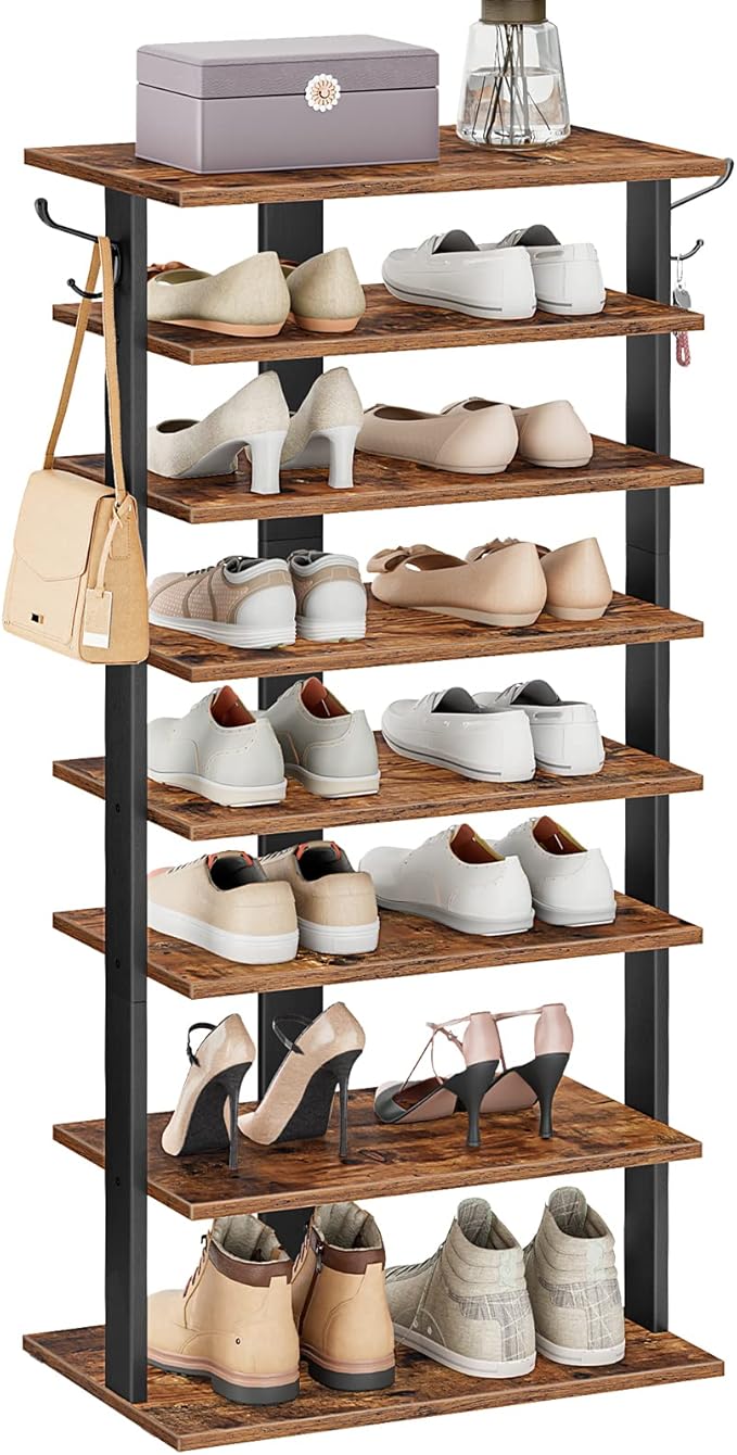 HOOBRO 8 Tiers Vertical Shoe Rack, Wooden Shoe Storage Organizer with Hooks, Narrow Shoe Tower for 16 Pairs, Space Saving, fo