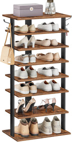 HOOBRO 8 Tiers Vertical Shoe Rack, Wooden Shoe Storage Organizer with Hooks, Narrow Shoe Tower for 16 Pairs, Space Saving, fo