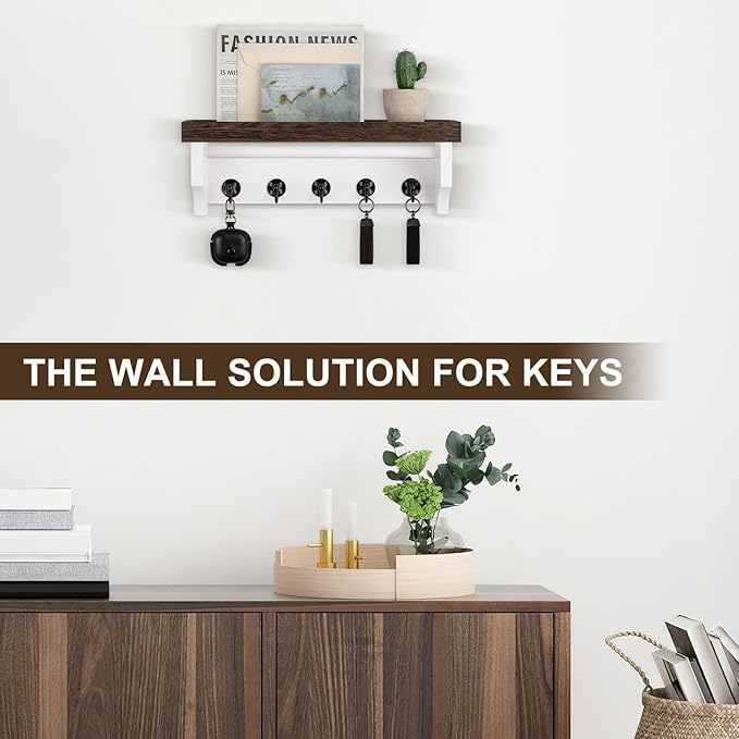 Key and Mail Holder Wall Mount, Key Holder with Shelf and Mail Organizer Wall Mount. Mail Holder with 5 Hooks for Coat, Dog L