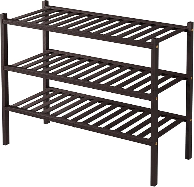 ROMGUAR CRAFT 3 Tier Bamboo Shoe Rack for Closet Free Standing Wood Shoe Shelf for Entryway Small Space Stackable 27"x11"x20"