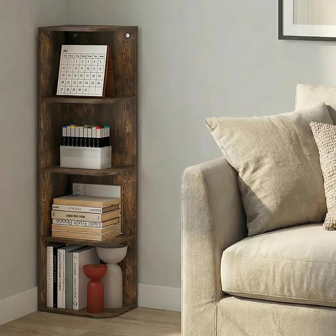 Furinno PASIR Book Shelf, 4-Tier Corner Bookshelf with Open Shelf, Standing Bookcase, 9.3 x 12 x 41.4, for Organization and S
