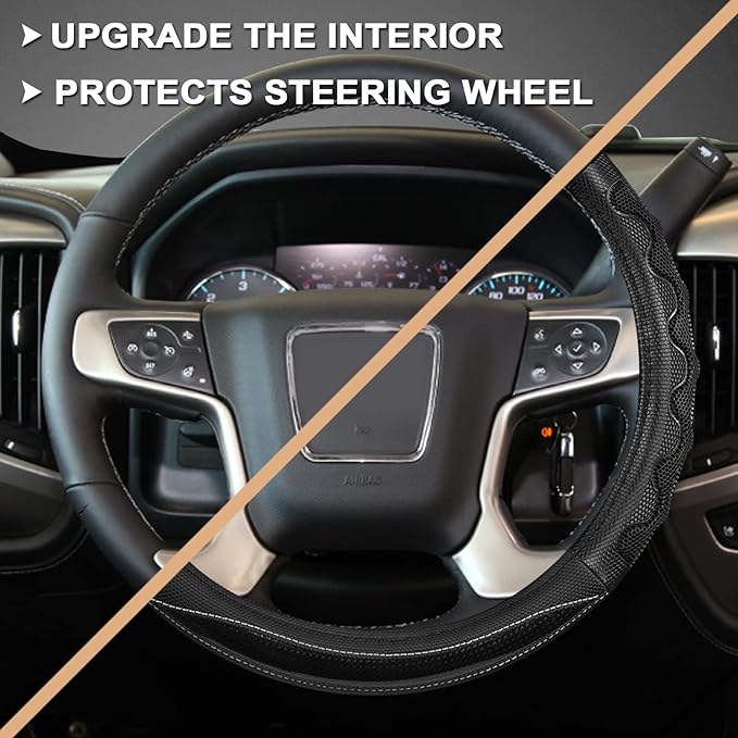 GIANT PANDA Steering Wheel Cover for GMC Sierra Acadia Terrain Yukon(3D Honeycomb-Black-Standard Size)