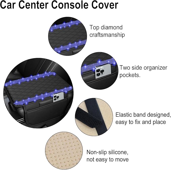 NBTEPEM Bling Car Center Console Cover, Leather Car Arm Rest Cover Cushion with 2 Storage Bags, Universal Automotive Armrest Protector Storage Box, Bling Accessories Interior for Most Vehicles (Blue)