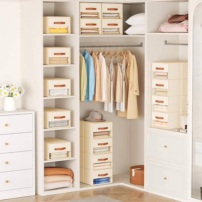 DIMJ Closet Organizers and Storage - Fabric Bins with Drawers for Closet Foldable Clothes Organizers with Clear Window, Stack