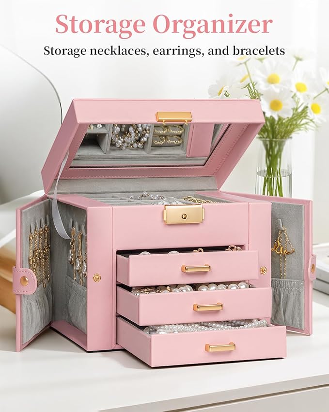 TORIBIO Jewelry Box for Women, Leather Jewelry Organizer with Mirror & Lock, 4-Tier Jewelry Storage Organizer with 3 Drawers 