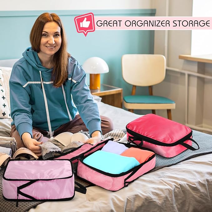 5 Pack Compression Packing Cubes for Travel Space Saving Cubes Luggage Organizer for Suitcase(Pink,S)