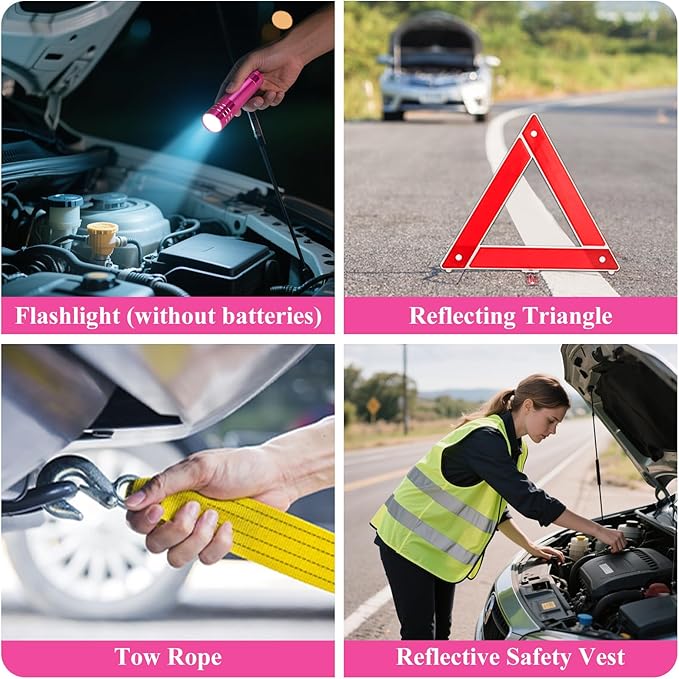 Car Roadside Emergency Kit, Vehicle Truck Safety Emergency Road Side Assistance Kits with Jumper Cables, Pink