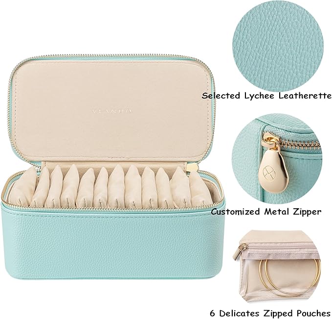 VLANDO Travel Jewelry Box Organizer – Portable PU Leather Jewelry Case with 6/8/12 Zippered Pouches, Compact Storage for Earr