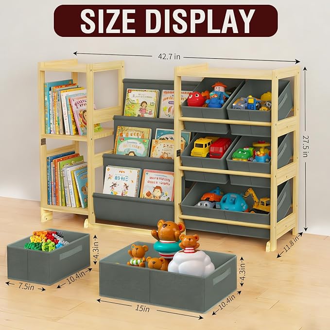 Kids Bookshelf and Toy Storage Organizer with 3-Tier Book Display and Shelves, Kids Toy Organizers and Storage with Bins, Boo