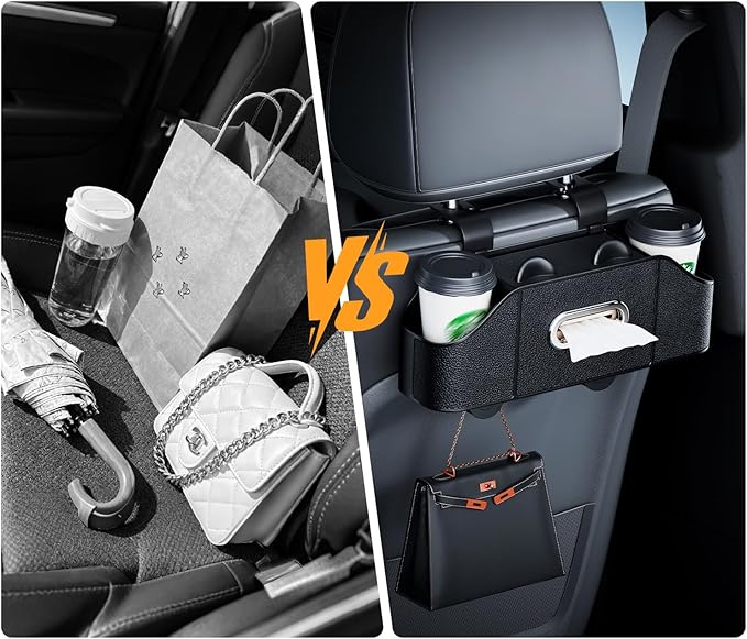 7-in-1 Car Seat Organizer with Cup Holders, Trash Can, Tissue Dispenser & Hooks, Multifunctional Headrest Storage for Backseat, Travel Essentials for Family Car Trips (Black)