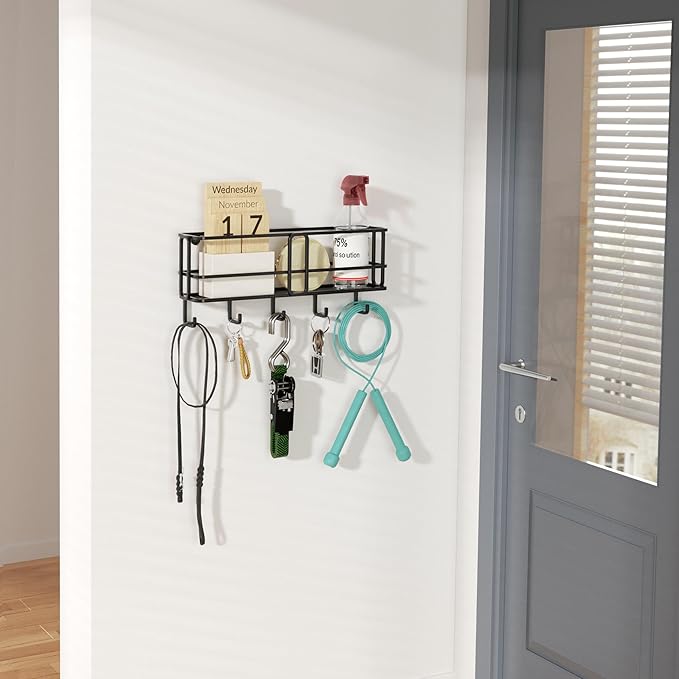 SRIWATANA Key Holder for Wall, Mail Organizer Wall Mount with Metal Storage Basket, Key Holder with 5 Hooks for Entryway, Off