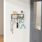 SRIWATANA Key Holder for Wall, Mail Organizer Wall Mount with Metal Storage Basket, Key Holder with 5 Hooks for Entryway, Off