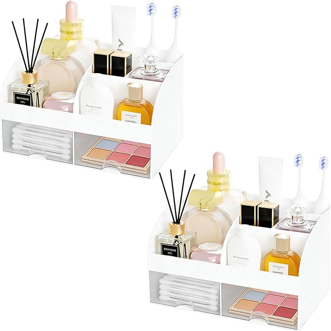 Makeup Organizer with 2 Drawers, Cosmetic Storage for Dresser Vanity and Bathroom Countertop,Make up organization and Skincar