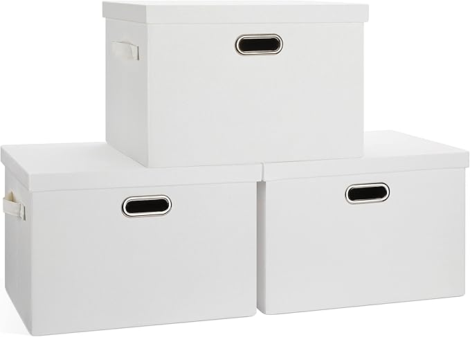 Graciadeco Large 17" 36 Quart Collapsible Stackable Storage Bins with Lids, 3 Packs White Linen Fabric Closet Boxes with Lids