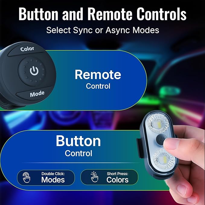 Wireless LED Lights for Car 4PCS- Button and Remote Control Interior Ambient Strobe Light, USB-C 120H 8 Colors IP65 Waterproof Rechargeable Underglow Light for Cars, Trucks, eBike, Motorcycle