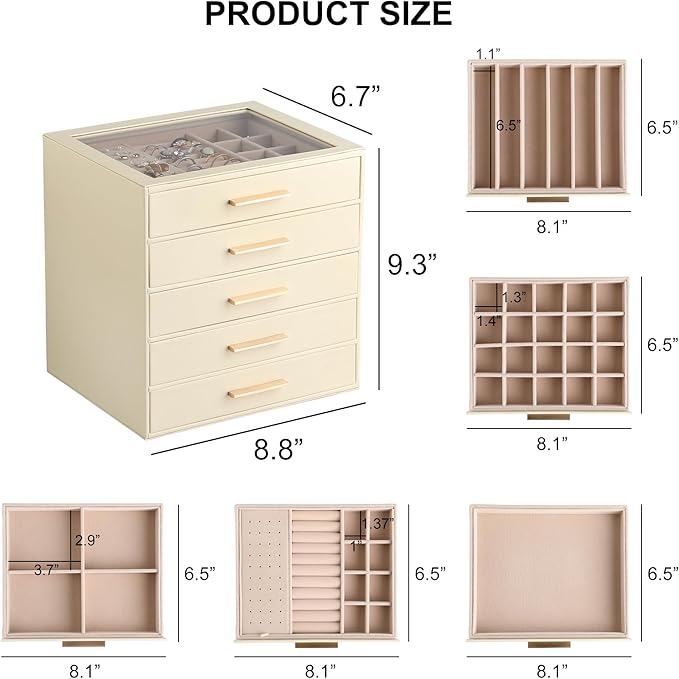 Frebeauty Clear Lid Jewelry Box,5-Layer Jewelry Organizer with Drawer,PU Leather Jewelry Organizers and Storage,Jewelry Boxes
