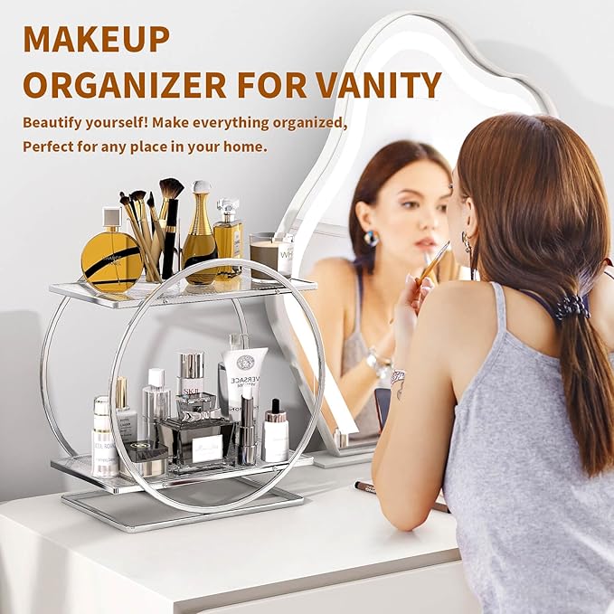Perfume Organizer for Bedroom Dresser- Sliver Makeup Organizers for Vanity, 2 Tier Bathroom Countertop Organizer Perfume Tray