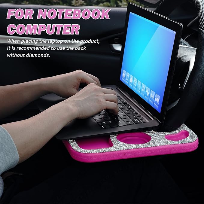 eing Bling Auto Steering Wheel Desk, Laptop,Tablet, Notebook Car Travel Table, Food Eating Hook On Steering Wheel Tray, for Constant Travelers, Fits Most Vehicles Steering Wheels, White+Rose Red