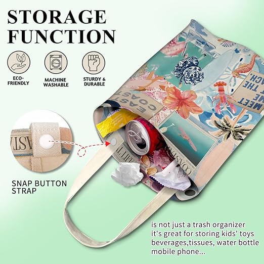 Car Trash Can, Cute Car Trash Bag, Hanging Car Organizer and Storage Bag, Trash Bin for Car Accessories, Vehicle, Travelling, Camping Retro Summer Collage