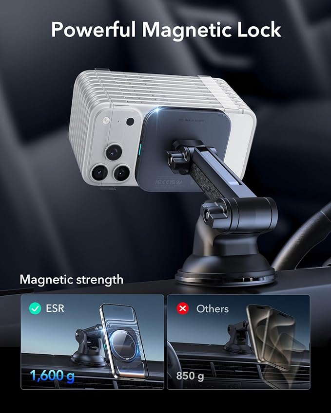 ESR for 15W MagSafe Car Mount Charger, for MagSafe Car Charger, Suction Cup Magnetic Wireless Car Charging, Dashboard Car Phone Mount for iPhone 17/16/15/14/13/12, S25, Pixel 10, Fast Charging