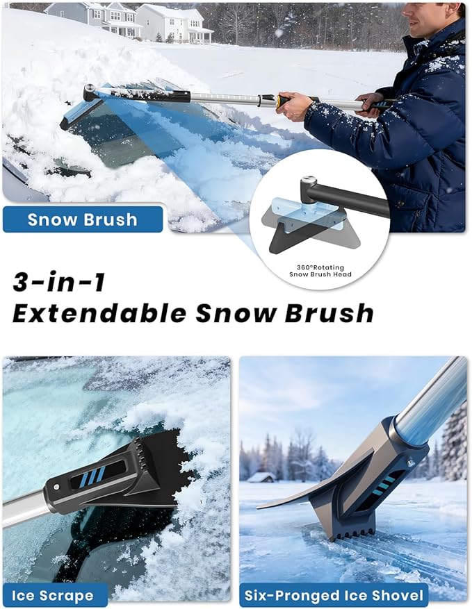 helloleiboo 43.7" Extendable Ice Scrapers for Car Windshield for 12 Adjustable Length Settings with Foam Grip and 360° Pivoting Brush Head Detachable Snow Brush for Truck SUV(Blue)