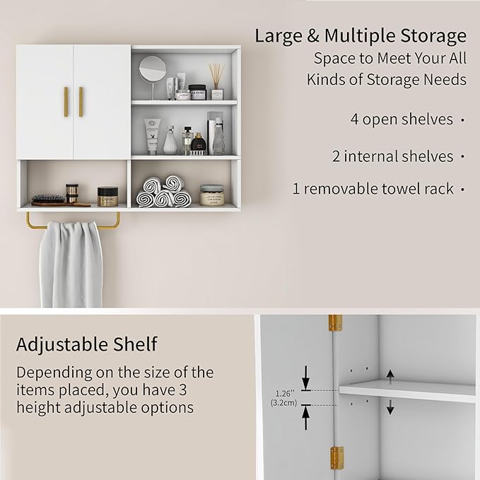 Bathroom Wall Cabinet Wood Large Wall Mounted Medicine Cabinet with 2 Doors and 4 Open Shelves Over Toilet Storage Cabinet Or