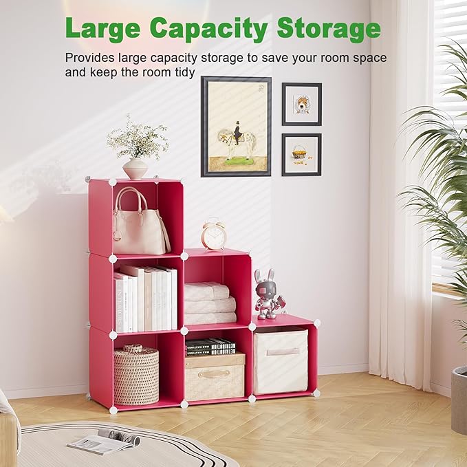 C&AHOME 6-Cube Storage Organizer, Stackable Storage Cubes Shelves, Portable Bookshelf, Plastic Clothing Storage Closet Organi