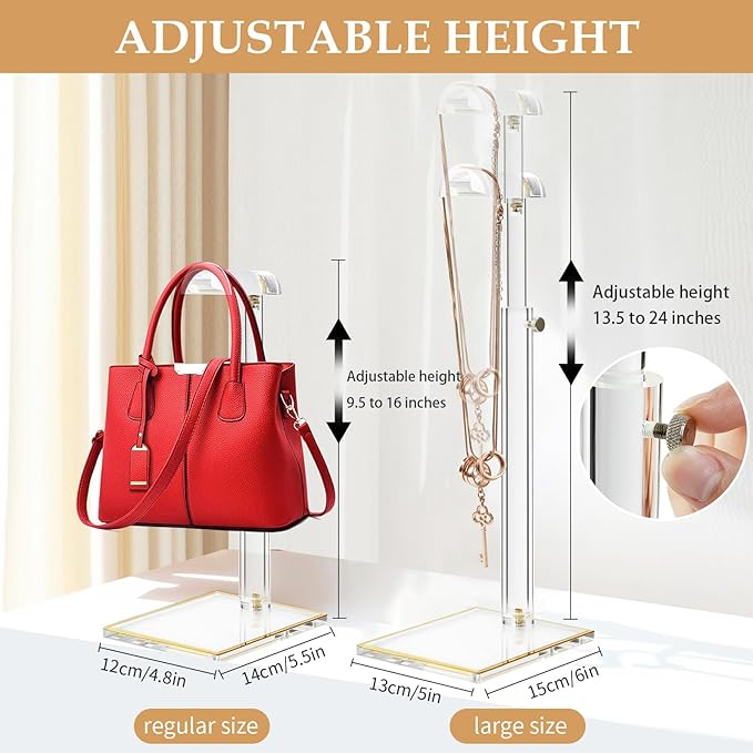2Pcs Purse Display Stands, Height Adjustable10"-16"+14"-24", Acrylic Handbag Stands for Display, Clear Holder for Purse Eveni