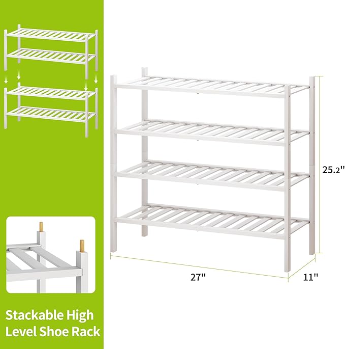 BMOSU 4-Tier Bamboo Shoe Rack Premium Stackable Shoe Shelf Storage Organizer for Hallway Closet Living Room Entryway Organize