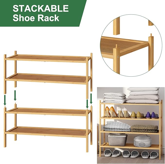 kiplant Bamboo Shoe Rack, 2-Tier Shoe Rack for Entryway, Free Standing Shoe Racks for Indoor & Outdoor, Stackable Shoe Organi