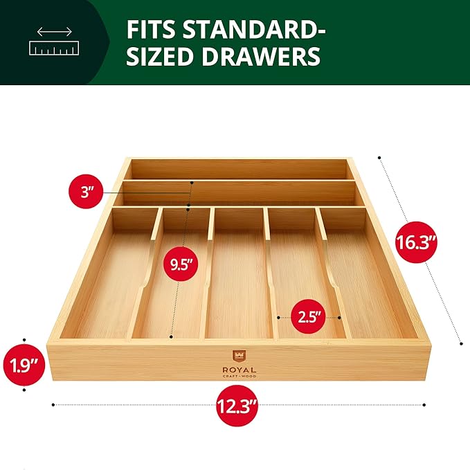 ROYAL CRAFT WOOD Adjustable Bamboo Drawer Dividers Organizers (17-22") - Bamboo Kitchen Drawer Organizer 7 Slot