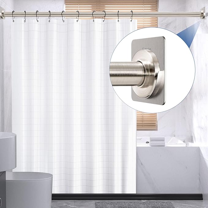 Brushed Metal Shower Rod Holders 2 Pack, Heavy-Duty Adhesive Shower Curtain Rod Brackets, No Drilling/Screw Mount, Rustproof 