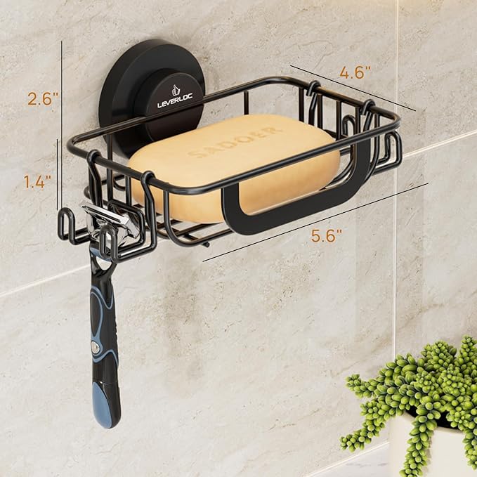 LEVERLOC Soap Holder Shower with Hooks, Bar Suction Cup Soap Dish Tray for Wall, Rust-Proof Stainless Steel Sponge Caddy for 