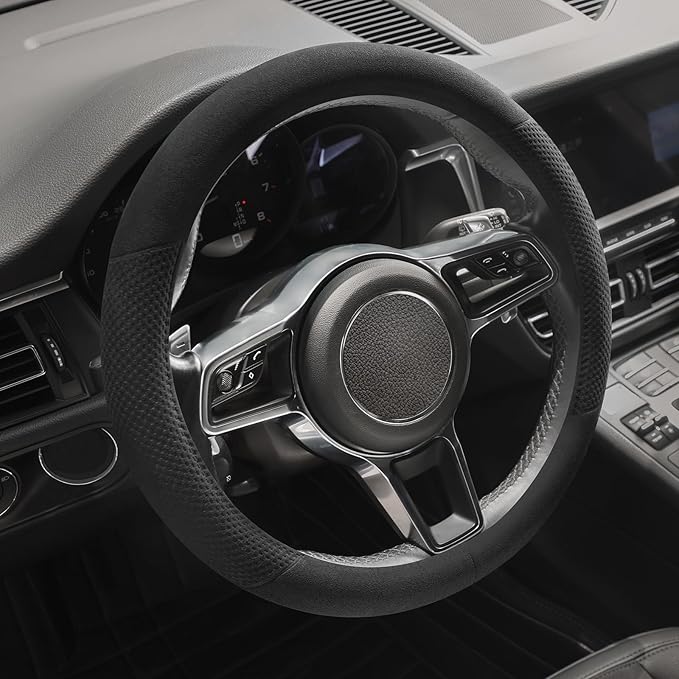 Suede Steering Wheel Cover with Upgraded Silicone Inner Ring, Breathable, Anti-Slip, Leather Universal 14.5 to 15 Inch Steeri