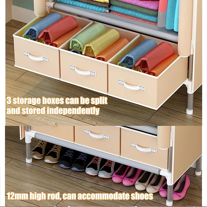 Portable Wardrobe Closet,Foldable Clothes Organizer with 3 Storage Box 35in Simple Non-Woven Fabric Wardrobe Multi-Functional