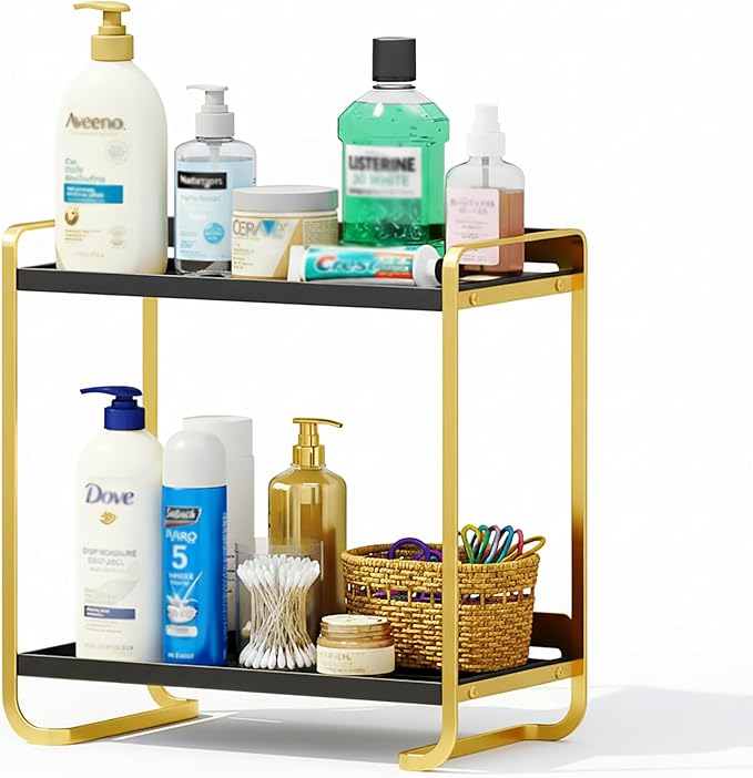 2-Tier Black and Gold Carbon Steel Bathroom Counter Organizer - Skincare Cosmetic Display Tray for Perfume, Makeup, Bathroom,