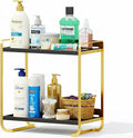 2-Tier Black and Gold Carbon Steel Bathroom Counter Organizer - Skincare Cosmetic Display Tray for Perfume, Makeup, Bathroom,