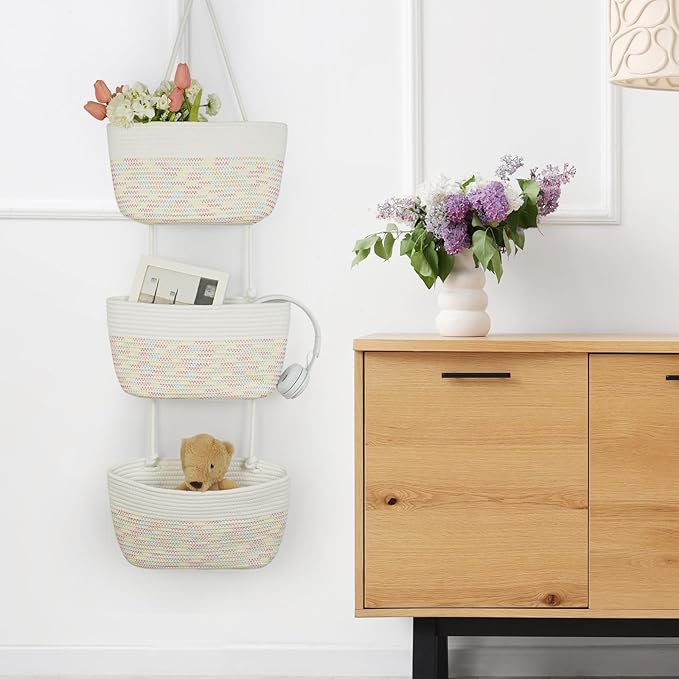 TeoKJ Over the Door Hanging Basket, 3-Tier Woven Cotton Wall-Mounted Storage Organizer Bag Decorative Hanging Nursery Baskets