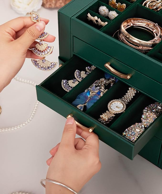 Enthralite Jewelry Box with 4 Drawers: Display Organizer for Earrings Necklaces - Gifts for Girls Women (Forest Green)
