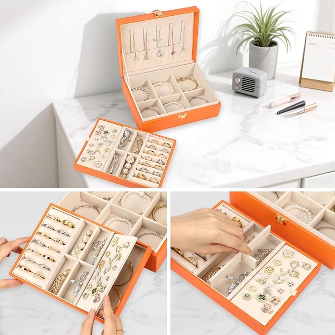 Voova Jewelry Box Organizer for Women Girls, 2 Layer Large Men Jewelry Storage Case, PU Leather Display Jewellery Holder with