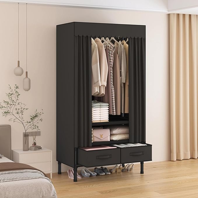 Portable Closet,Garment Rack,Heavy Duty Clothes Rack with Cover,Wardrobe Closet with 1 Hanging Rods, 2 Storage Shelves and 2 