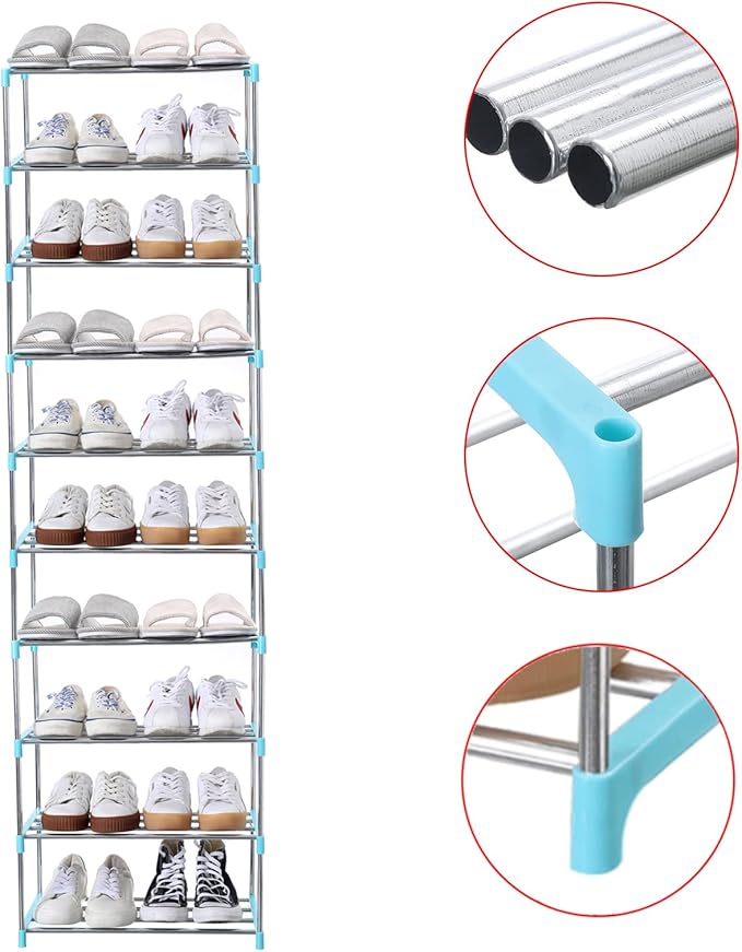 Jucaifu Stackable Small Shoe Rack, Entryway, Hallway and Closet Space Saving Storage and Organization (10-Tier, Blue)