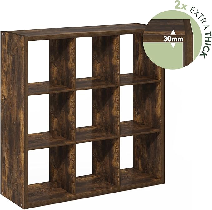 Furinno Cubicle Book Shelf, 9-Cube Bookshelf, Extra Thick Frame Reversible Bookcase with Open Back, 14.6" x 44" x 44", for Li