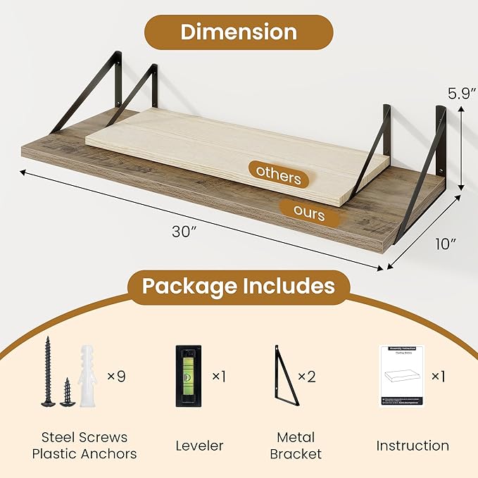 Deep Floating Shelves for Wall,30" Wx10 D Wood Floating Shelf Set of 2,Sturdy Metal Bracket Wide Display & Storage,Wall Mount