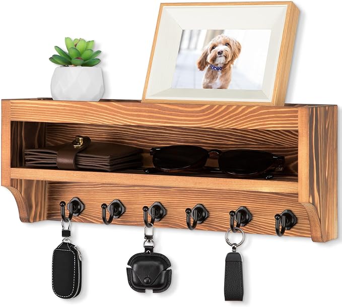 Nekon Key Holder Wall Mount, 12.8" W x 5.6" H x 3.7" D Wall Mounted Key and Mail Organizer with 6 Key Hooks, Key Racks for Ho