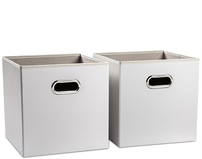 PRANDOM Leather Foldable Cube Storage Bins 13x13 inch [2-Pack] Fabric Storage Baskets Cubes Drawer with Cotton Handles Organi